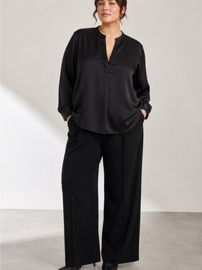 Vince 100% Silk Satin Band Collar Split Neck Blouse Black Size 1X